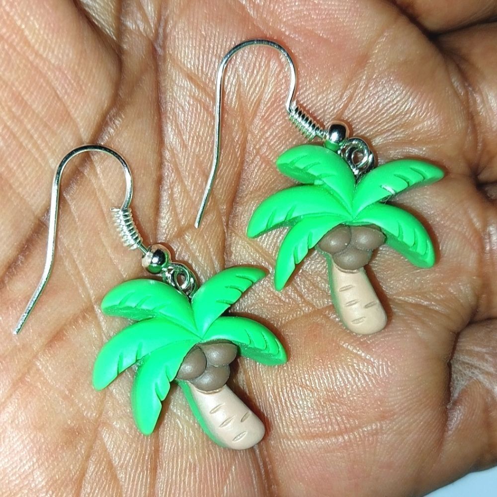 Green Palm Tree Super Cute, Colorful, Fun Earrings For Adults And Kids - Picture 2 of 6